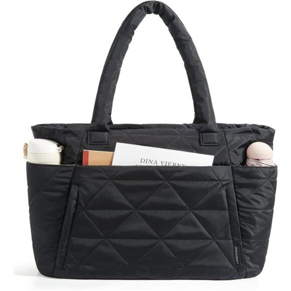 Tote Bag, Puffy Tote Bag with Zipper, Black - Picture 1 of 6